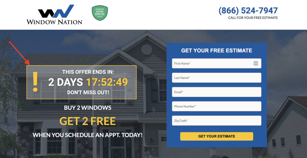 example of window nation offer on landing page